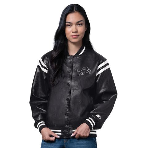 Women
s Starter  Black Detroit Lions High Heat Vegan Leather Full-Snap Varsity Jacket