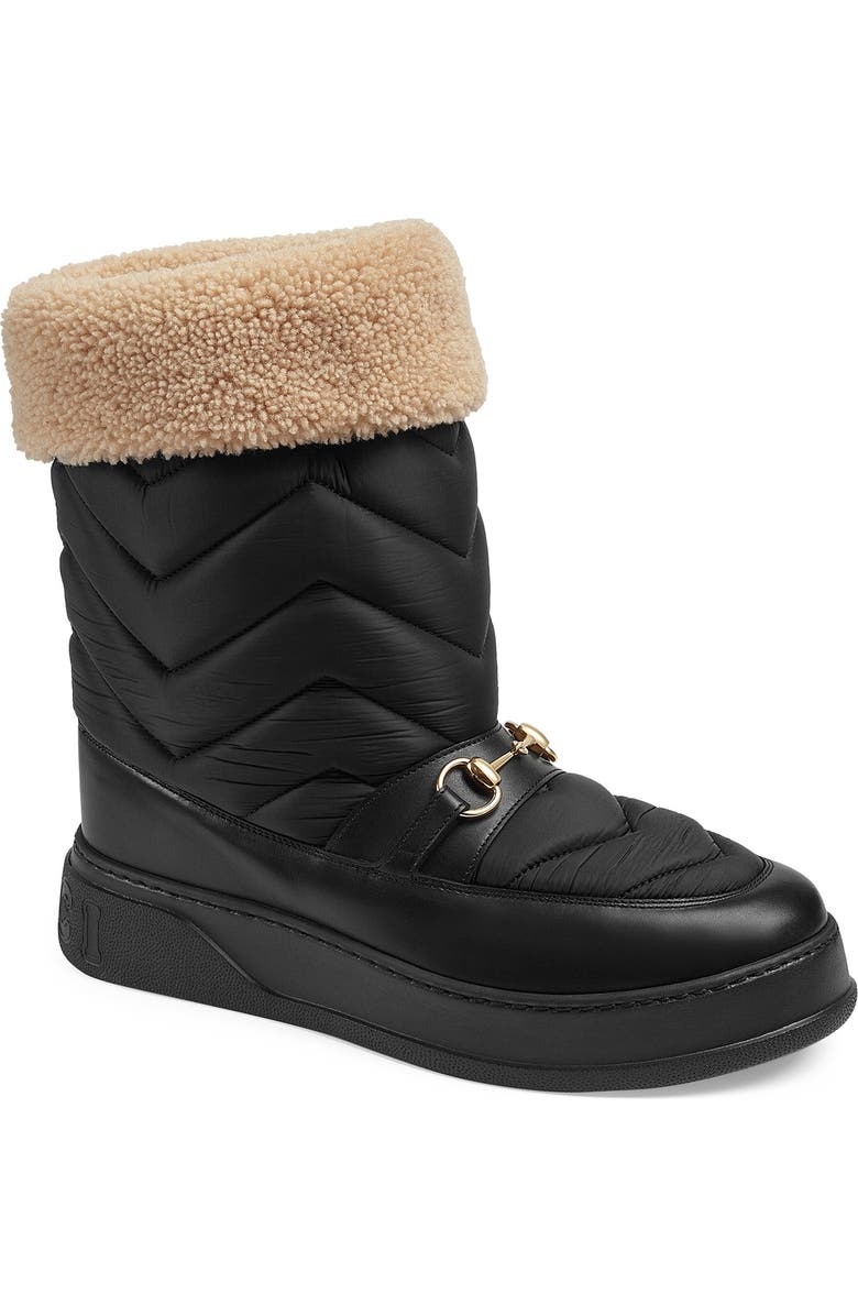 Gucci Horsebit Genuine Shearling Lined Quilted Snow Boot, Main, color,