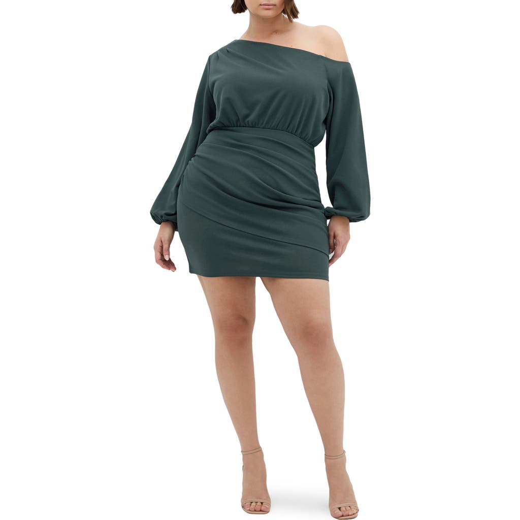City Chic Alysia One-shoulder Long Sleeve Minidress In Green