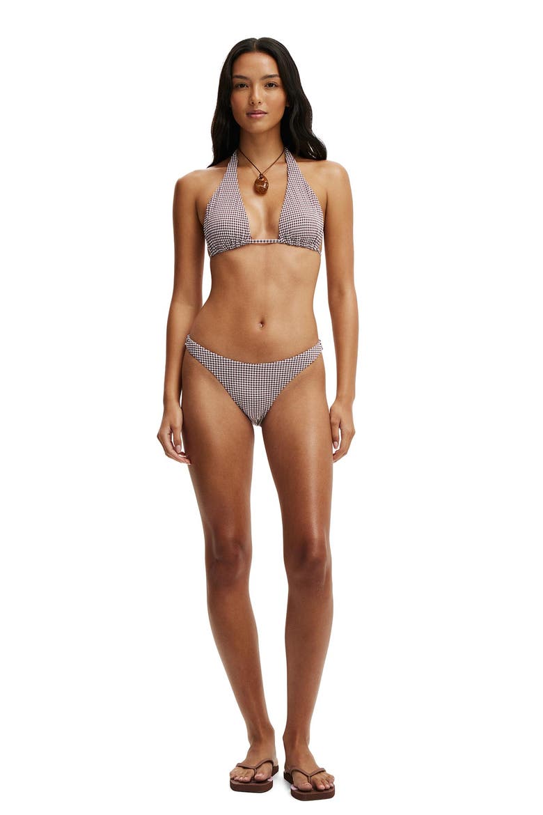Women's High Apex Slider Triangle Bikini Top, Alternate, color, Plum Kiss Gingham
