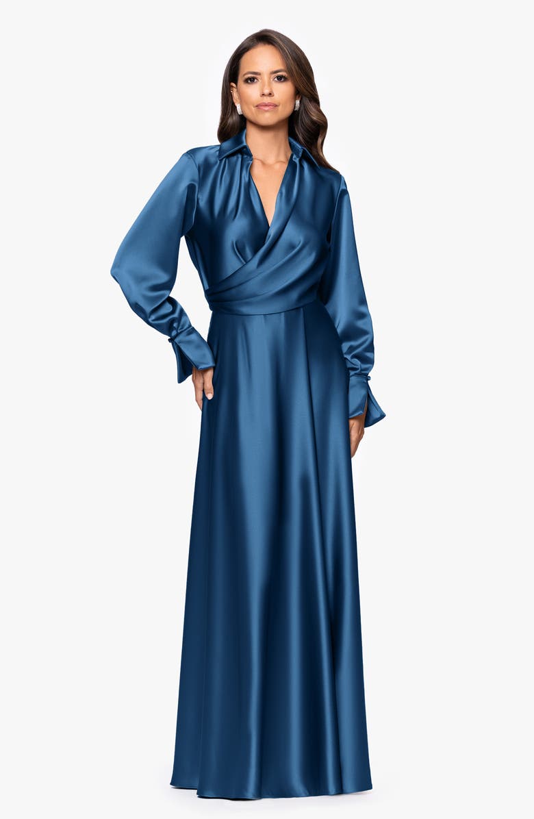 Xscape Evenings Spread Collar Long Sleeve Satin Gown, Alternate, color, Ocean