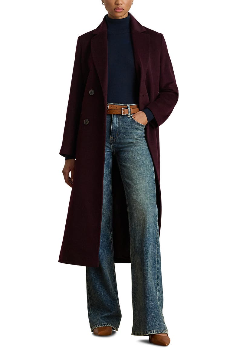 Double Breasted Wool Blend Reefer Coat, Main, color, PINOT NOIR