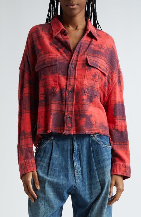 Distressed Plaid Crop Cotton Flannel Workshirt