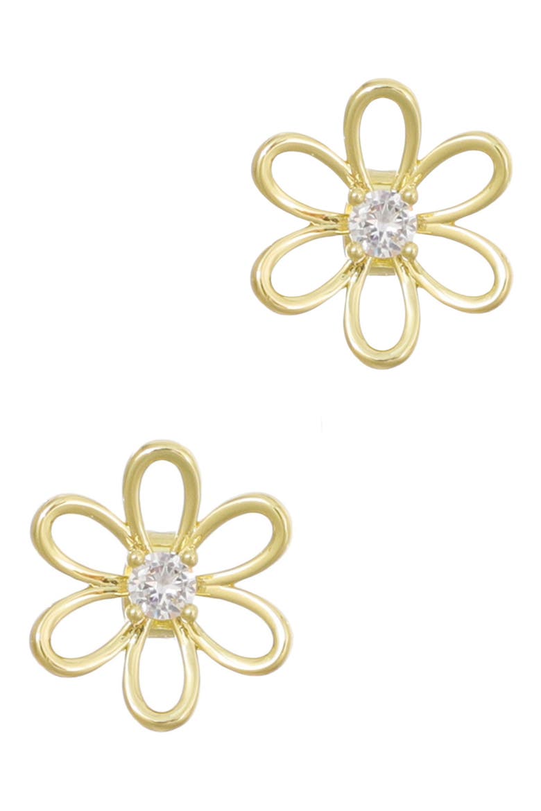 14K Gold Plated Cubic Zirconia Flower Outline Stud Earrings, Main, color, GOLD