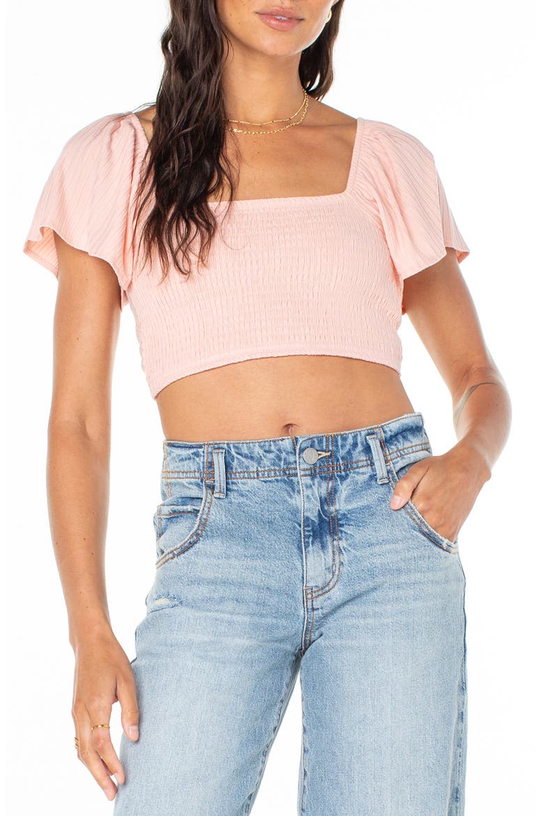 Sandy Beach Smocked Twist Reversible Crop Top, Main, color, ROSE CLOUD SOLID