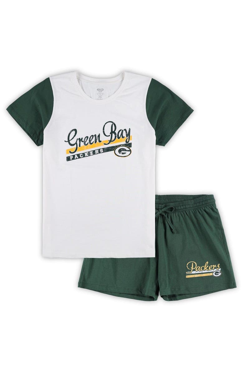 CONCEPTS SPORT Women's Concepts Sport White/Green Green Bay Packers Plus Size Downfield T-Shirt & Shorts Sleep Set, Main, color, 