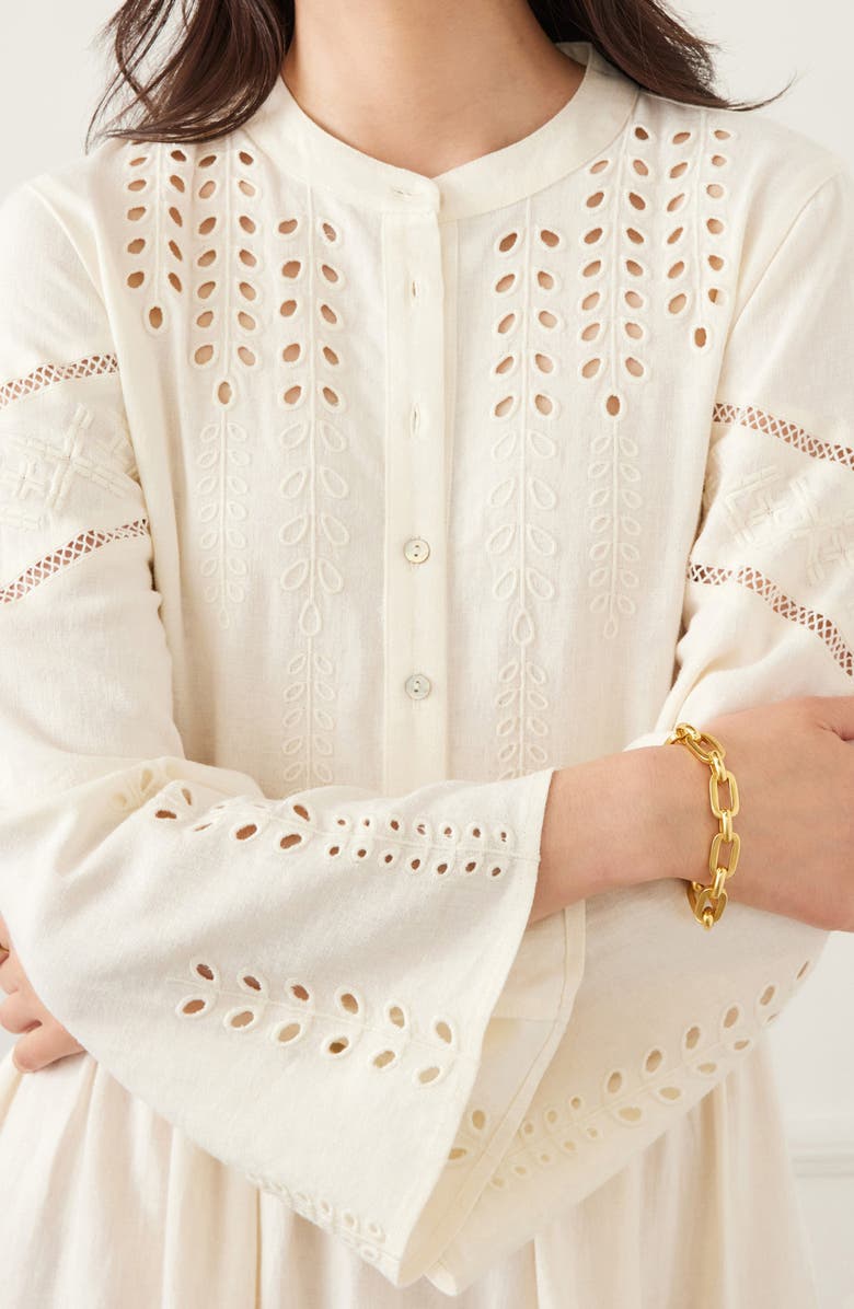 Karen Kane Embroidery & Eyelet Detail Long Sleeve Linen Blend Dress, Alternate, color, Cream