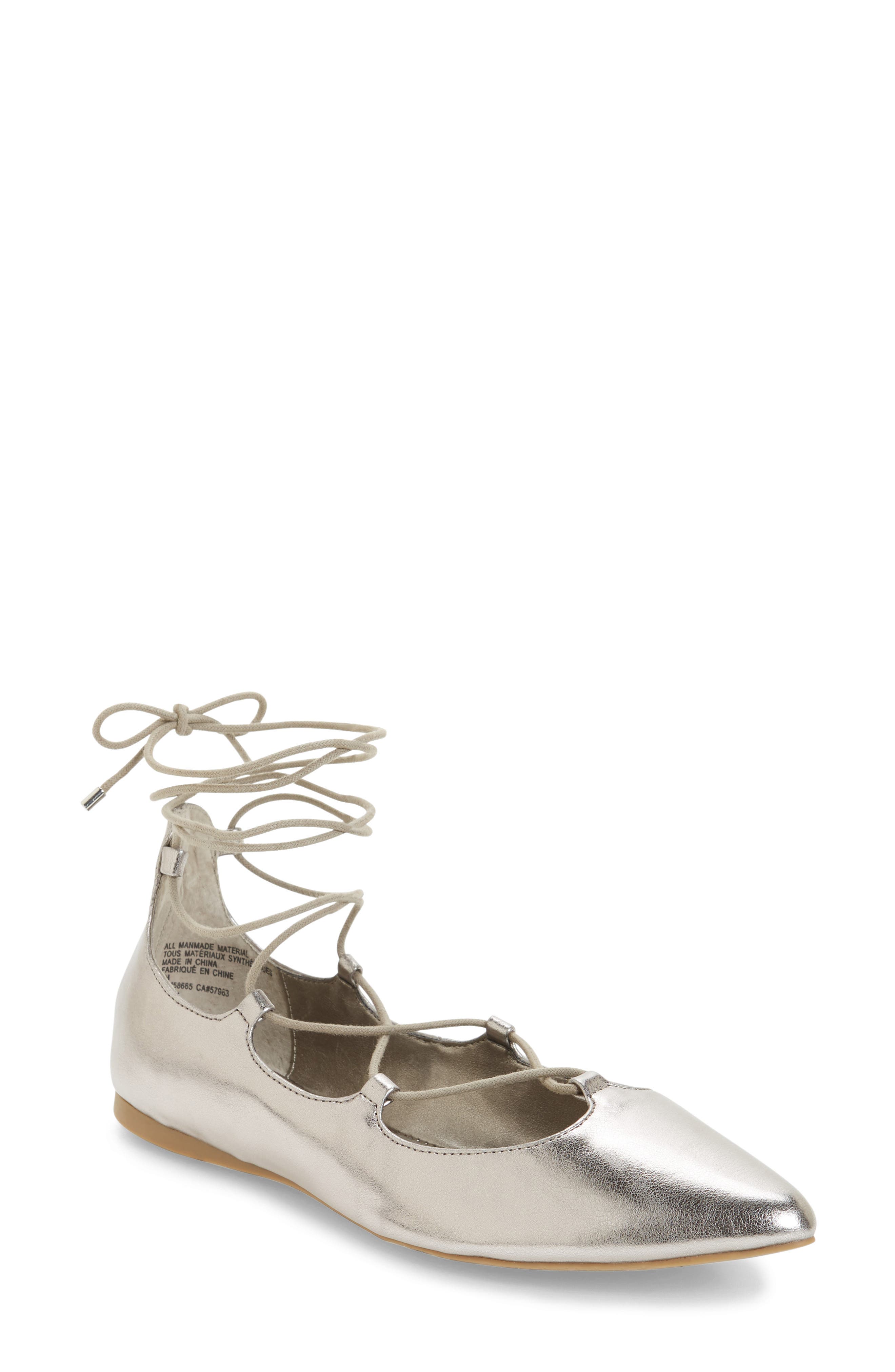 'Katrina' Pointy Toe Ghillie Flat, Main, color, SILVER FAUX LEATHER