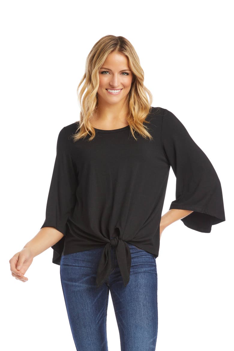 Tie Front Bell Sleeve Top, Alternate, color, BLACK