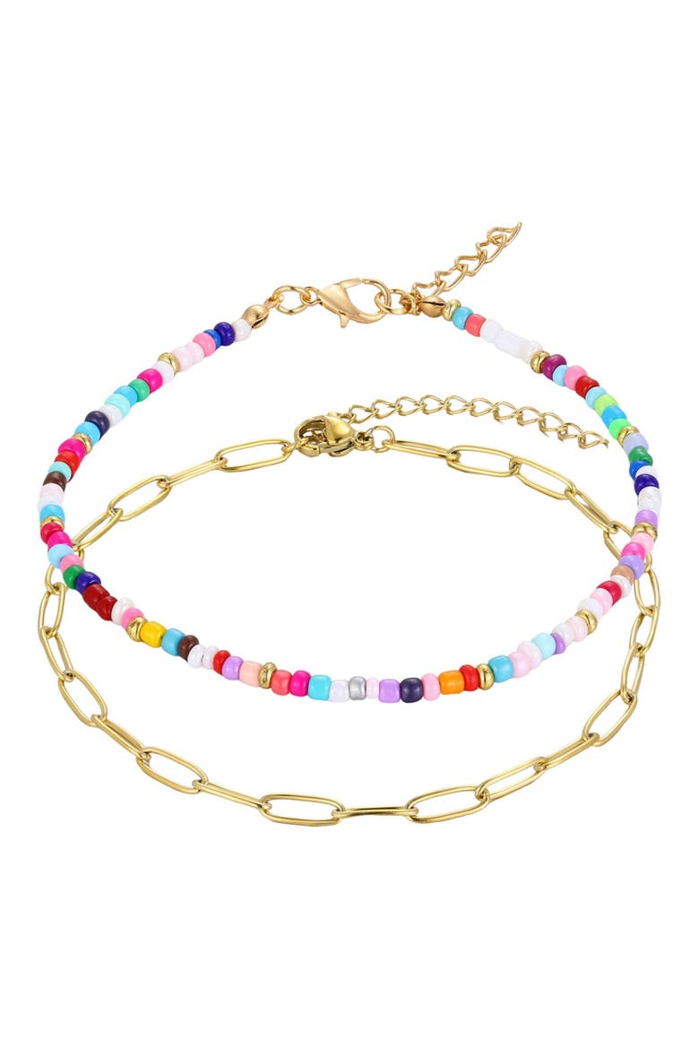 Set of 2 18K Gold Plated Paper Clip Chain & Beaded Anklets, Main, color, MULTI