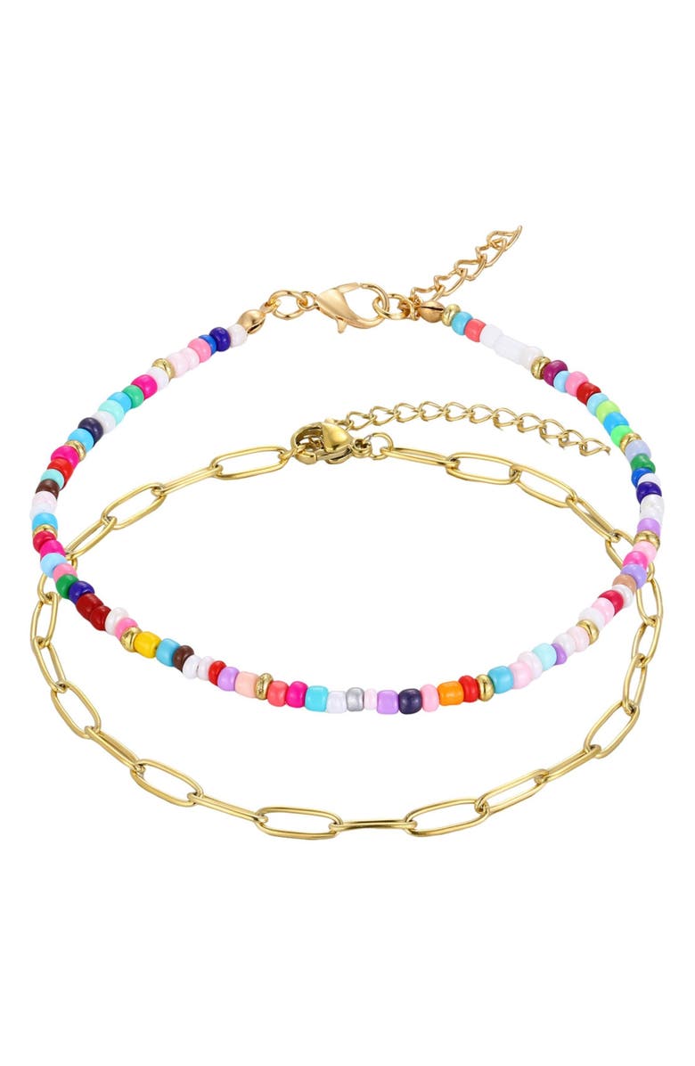 Adornia Set of 2 18K Gold Plated Paper Clip Chain & Beaded Anklets, Main, color, Multi