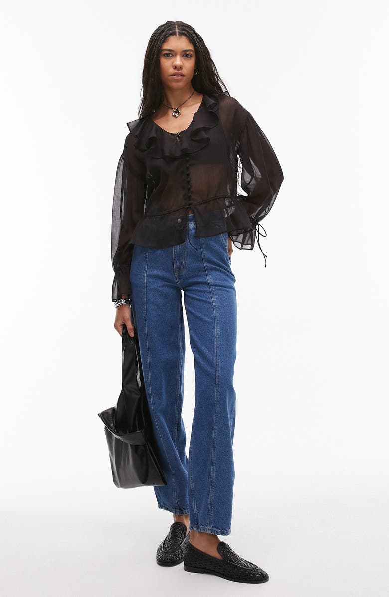 Topshop Ruffle Tie Front Sheer Top, Alternate, color, Black