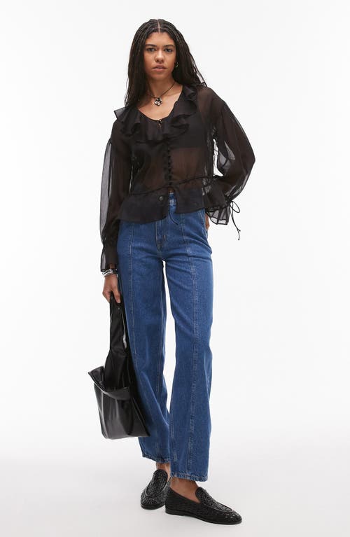 Topshop Ruffle Tie Front Sheer Top In Black
