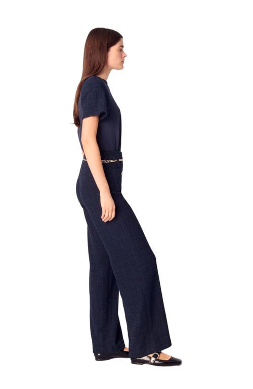 Maje Tweed Trousers With Chain Belt In Navy