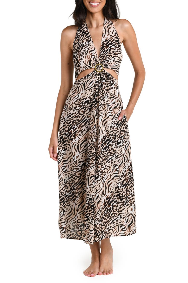 Fierce Territory Cutout Halter Neck Swim Cover-Up Dress, Main, color, TAUPE