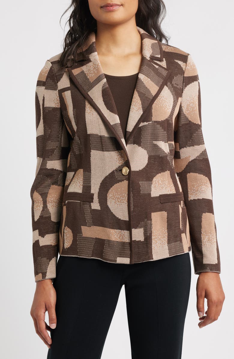 Ming Wang Geometric Jacquard Knit Blazer, Alternate, color, Warm Taupe/ Dark Umber/ Ivory