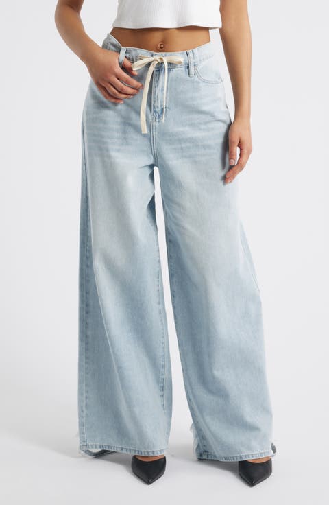 Lyla Tie High Waist Waist Fray Hem Wide Leg Jeans