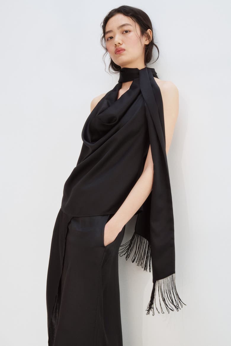 Scarf-detail Satin Top, Alternate, color, Black