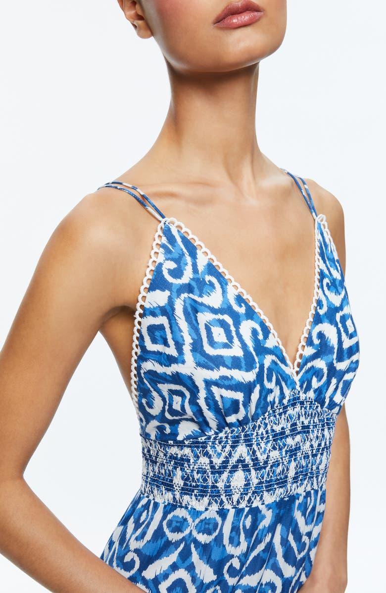 Alice + Olivia Imogene Ikat Print Tiered Open Back Maxi Dress, Alternate, color, Artisan Ikat French Blue