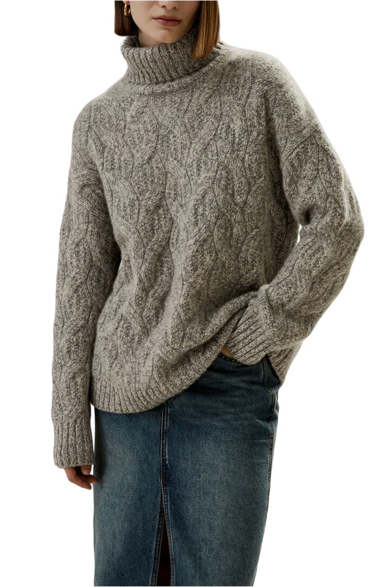 Lilysilk Women's Cable-Knit Cashmere Turtleneck Sweater, Main, color, Camel Gray