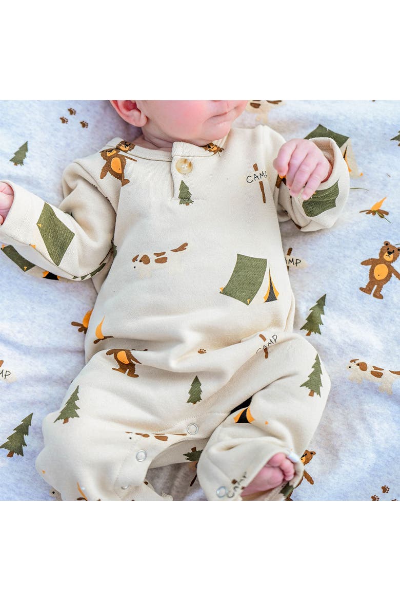 Camping Print One Button Romper French Terry- Infant, Alternate, color, Biscotti