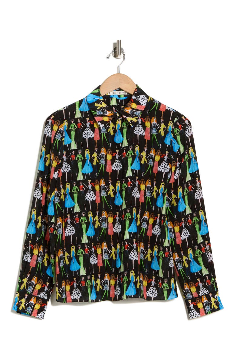 Willa Staceface Silk Button-Up Shirt, Alternate, color, CLUB STACE BLACK