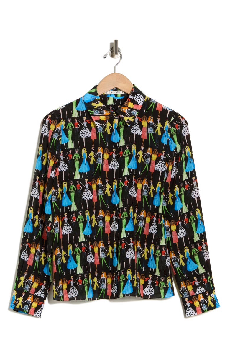 Alice + Olivia Willa Staceface Silk Button-Up Shirt, Alternate, color, Club Stace Black