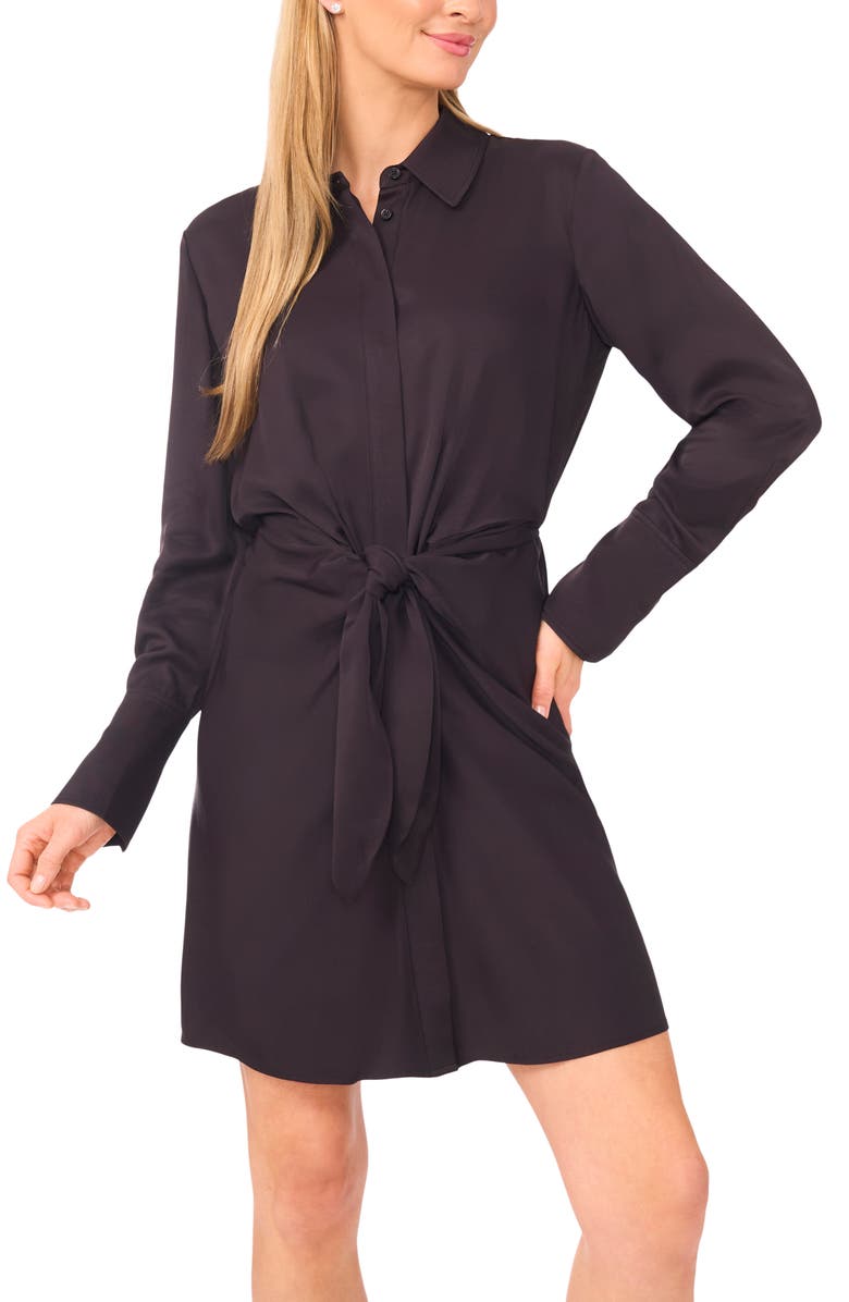 Ted Baker Tie Front Long Sleeve Mini Shirtdress, Alternate, color, Rich Black