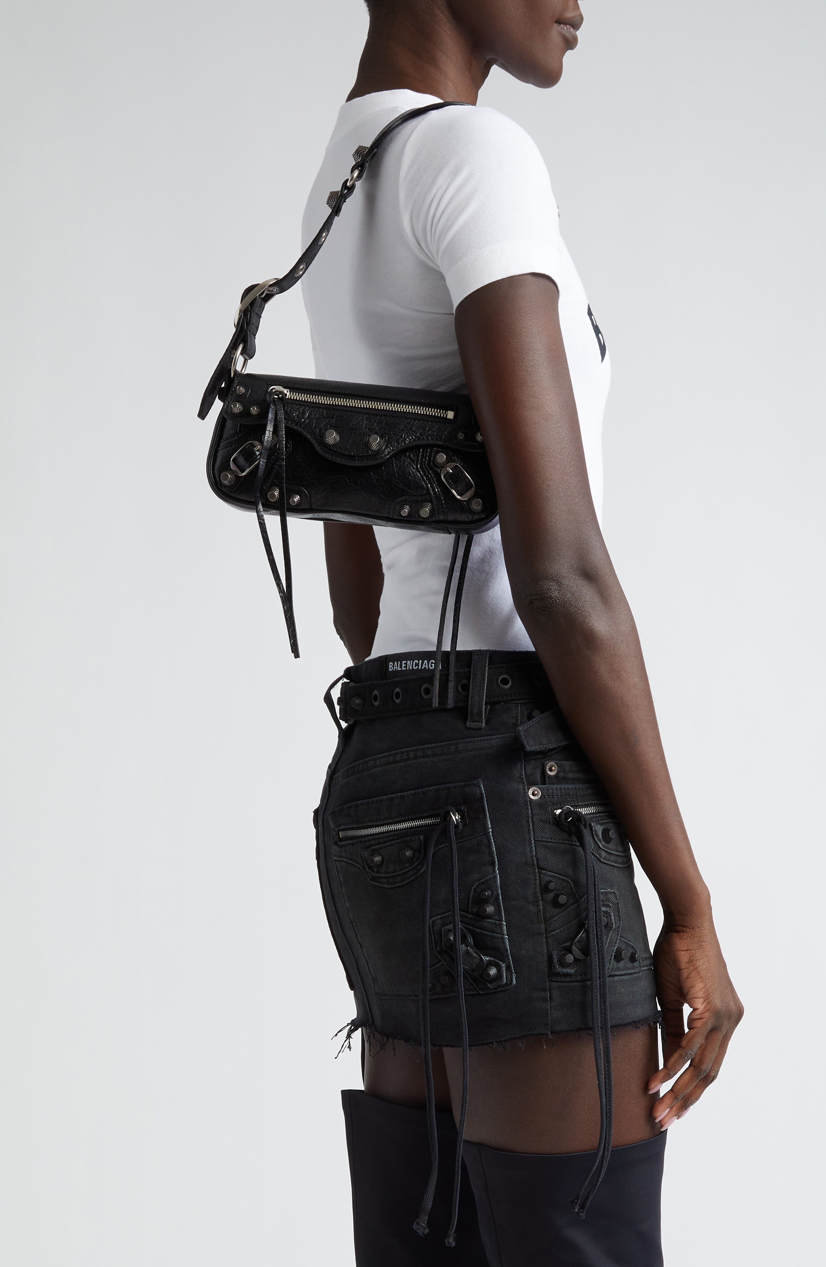 Extra Small Le Cagole Lambskin Leather Shoulder Bag, Alternate, color, BLACK