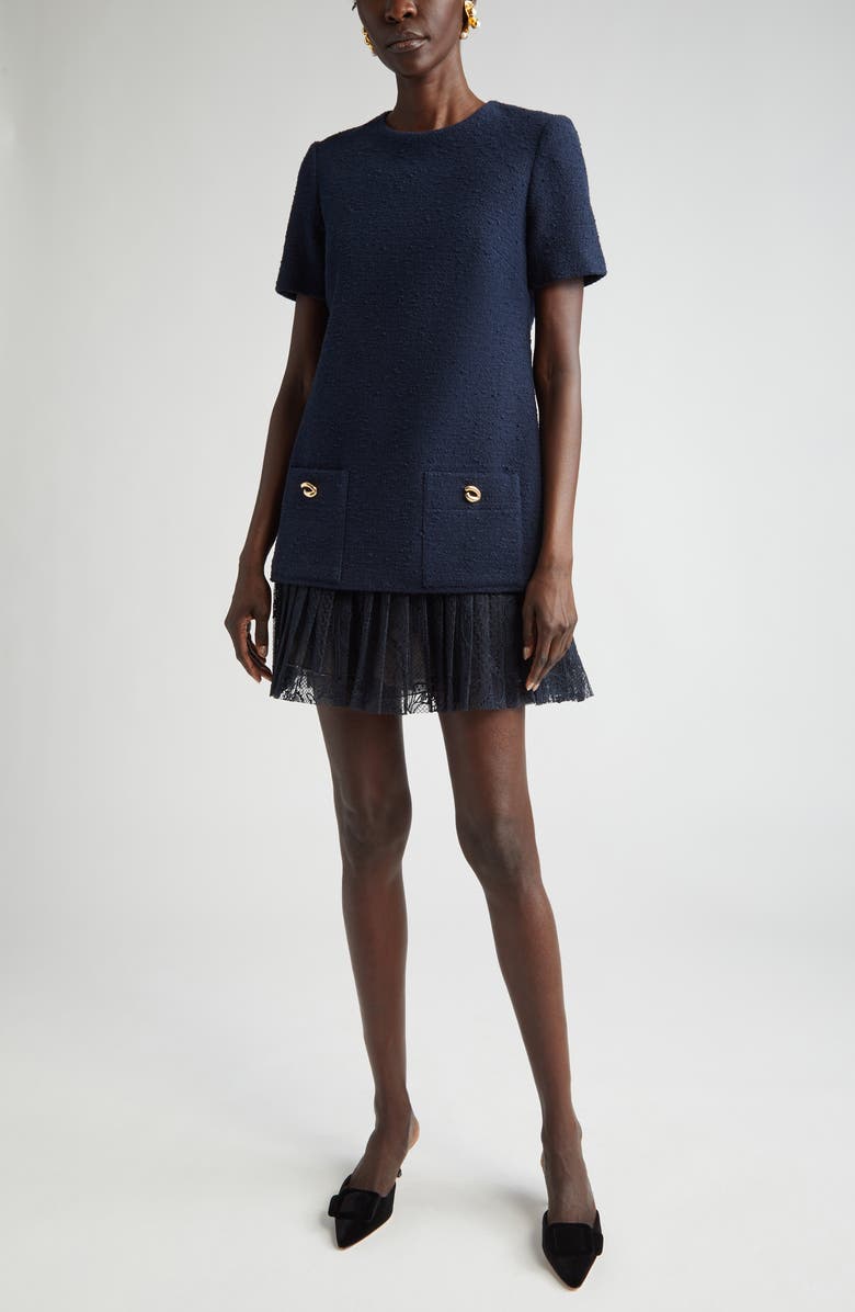 Oscar de la Renta Tweed & Pleated Lace Minidress, Main, color, 