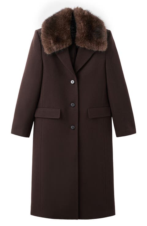 Lips Wool Blend Coat with Faux Fur Collar