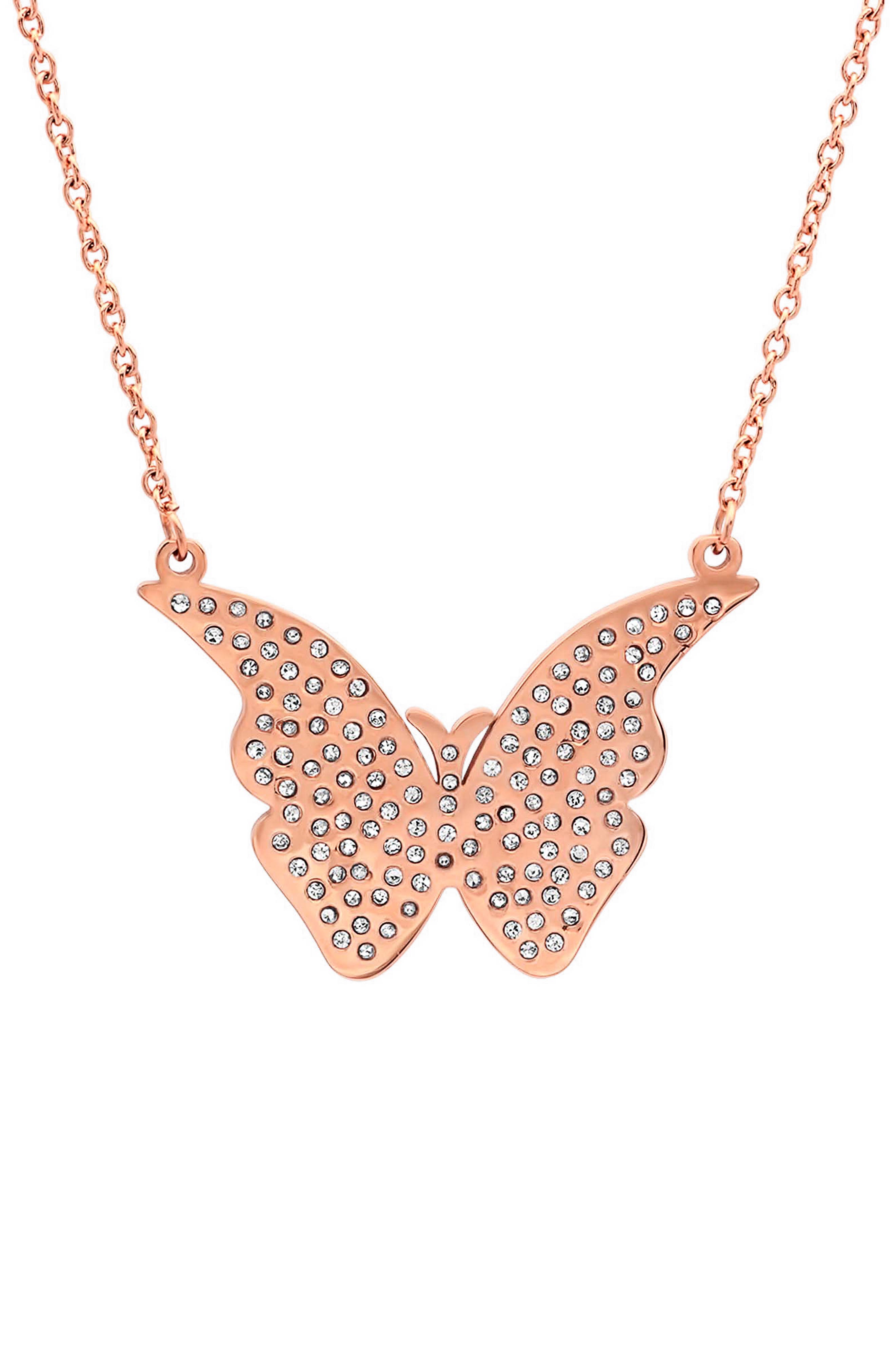 18k Rose Gold Plated Crystal Butterfly Pendant Necklace
