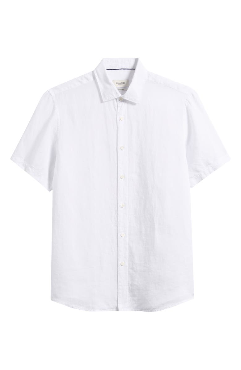 Bugatchi Orson Shaped Fit Short Sleeve Linen Button-Up Shirt, Main, color, White