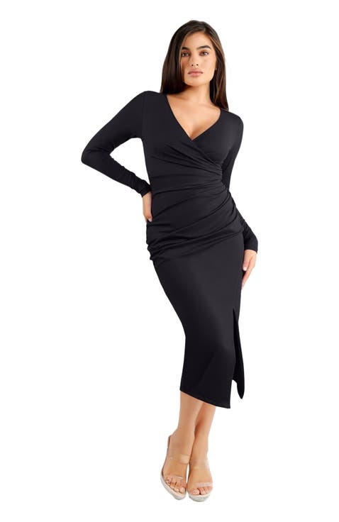 Shapewear Ruched Long Sleeve Faux Wrap Slimming Midi Dress