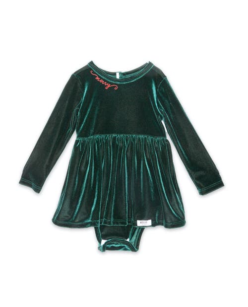 WORTHY THREADS Embroidered Velvet Holiday Long Sleeve Bubble Romper in Emerald Green  product