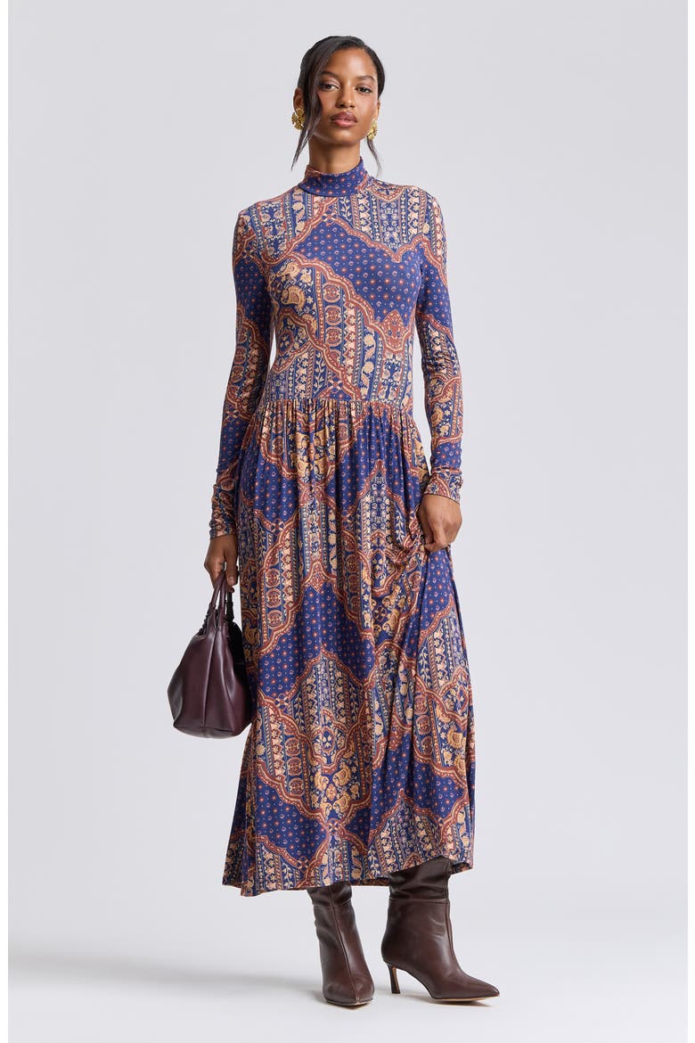 Long Sleeve Jersey Maxi Dress, Alternate, color, NAVY MEDALLION SCARF