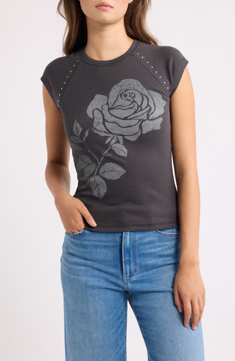 Rose Graphic Studded Raglan T-Shirt