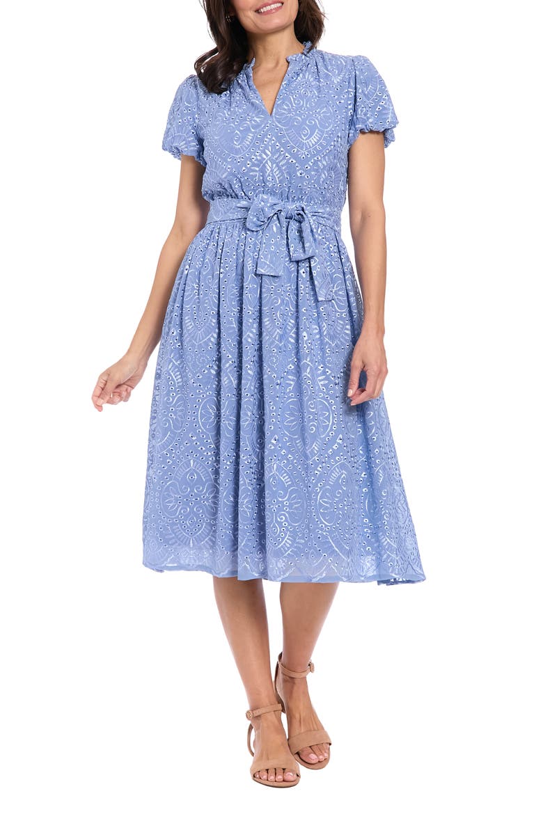 Eyelet Tie Waist Midi Dress, Main, color, BLUE