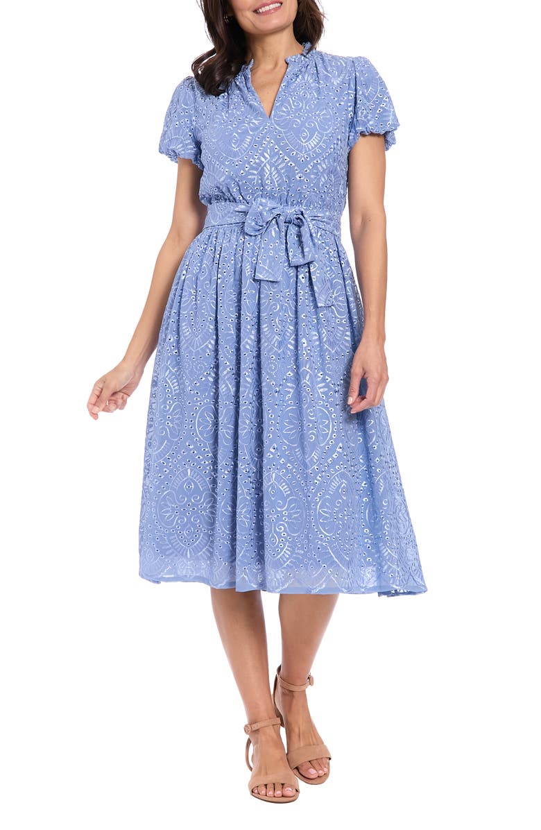 London Times Eyelet Tie Waist Midi Dress, Main, color, Blue