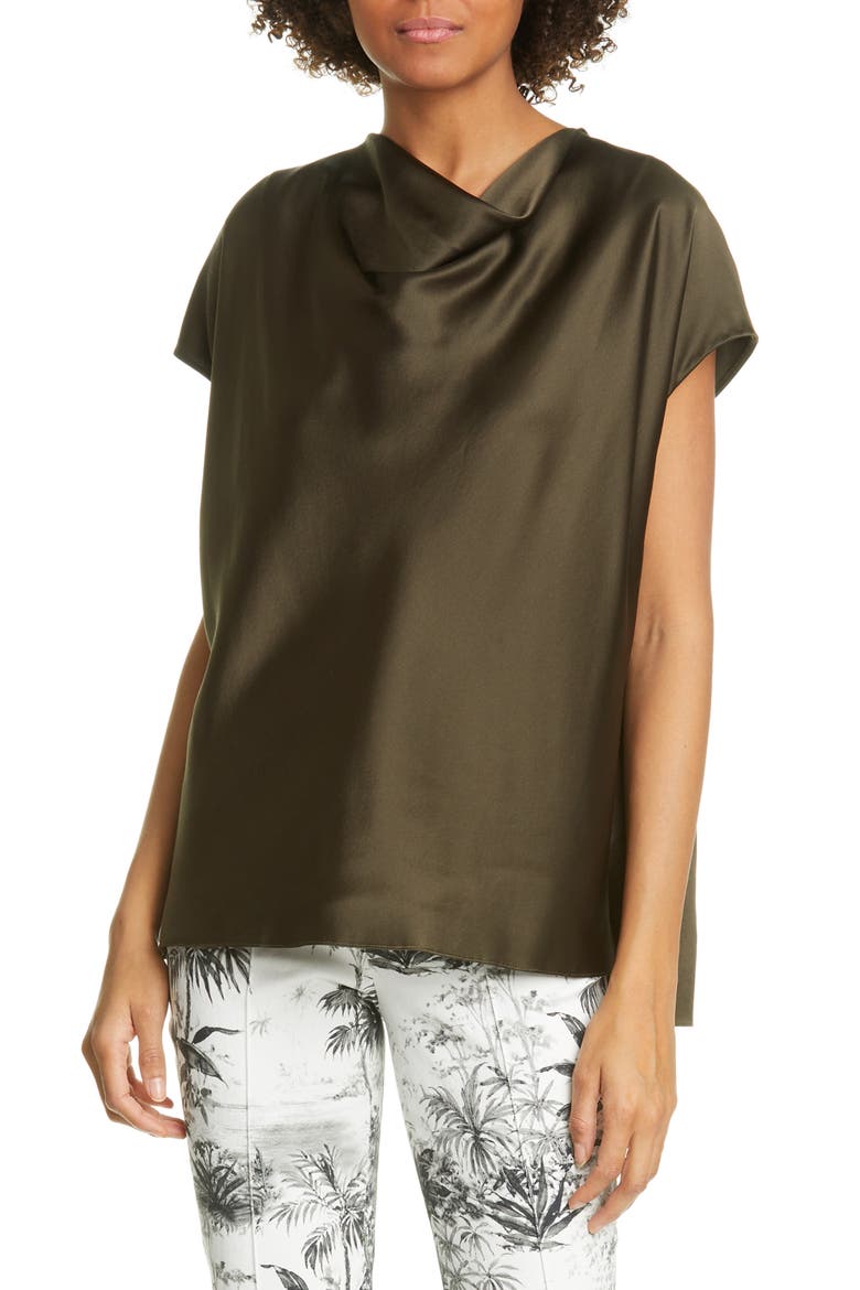 Cowl Neck Silk Charmeuse Blouse, Main, color, MILITARY GREEN