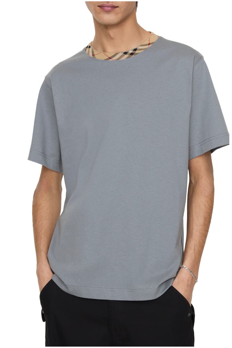 Check Trim Cotton T-shirt, Main, color, Forecast grey