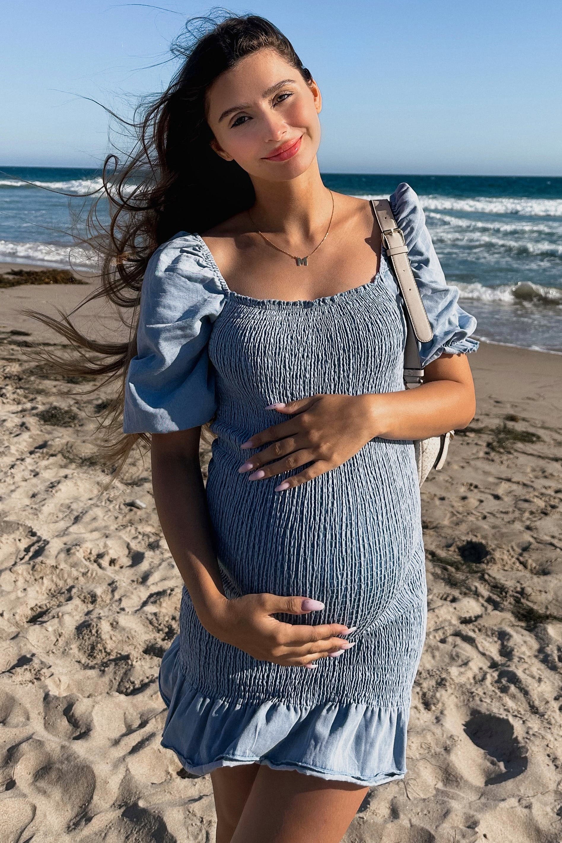 Pinkblush Square Neck Smocked Denim Dress In Blue