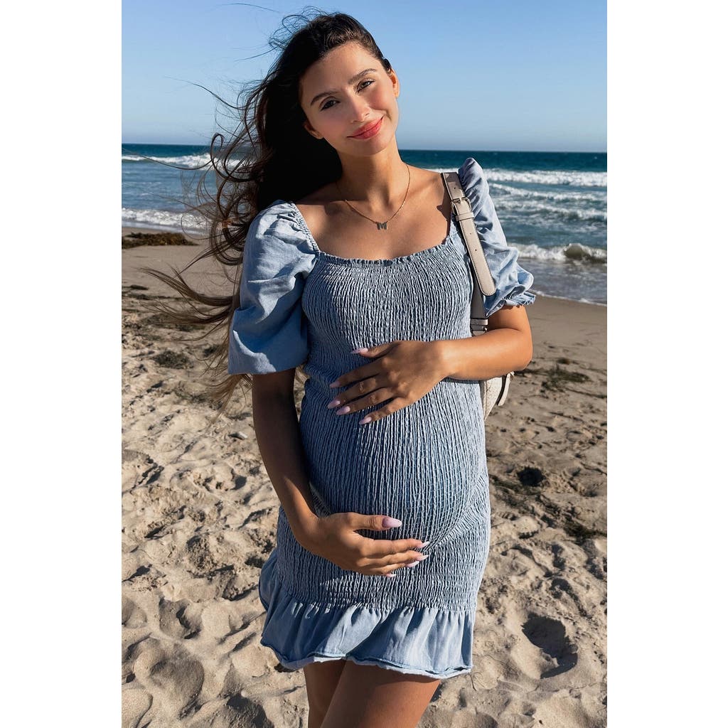 Pinkblush Square Neck Smocked Denim Dress In Blue