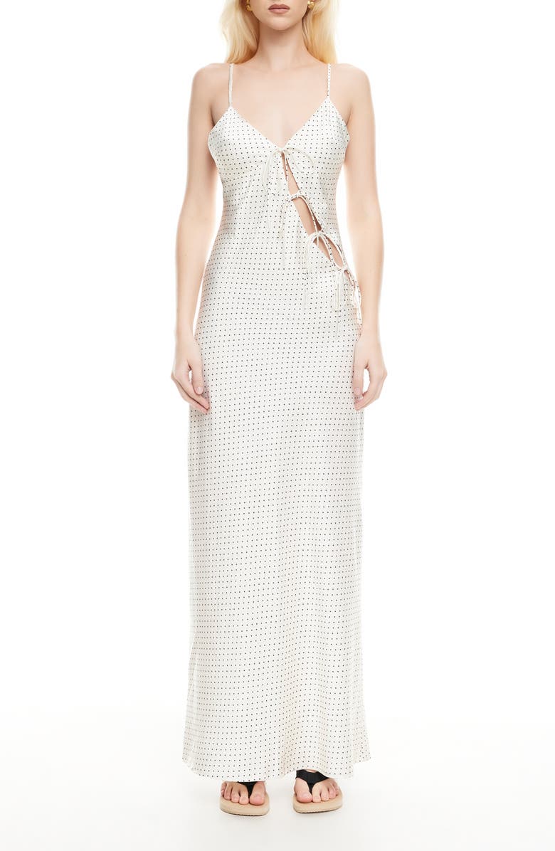 LIONESS About Polka Dot Cutotut Tie Detail Satin Slipdress, Main, color, Porcelain Polka