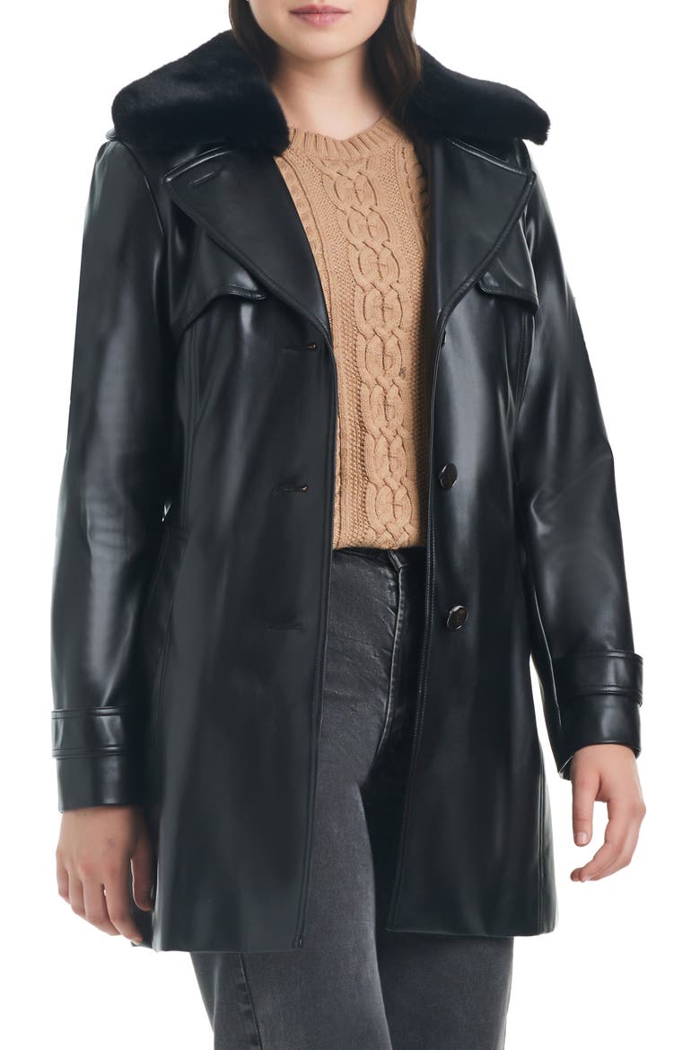 Belted Faux Leather Jacket with Removable Faux Fur Collar, Alternate, color, BLACK