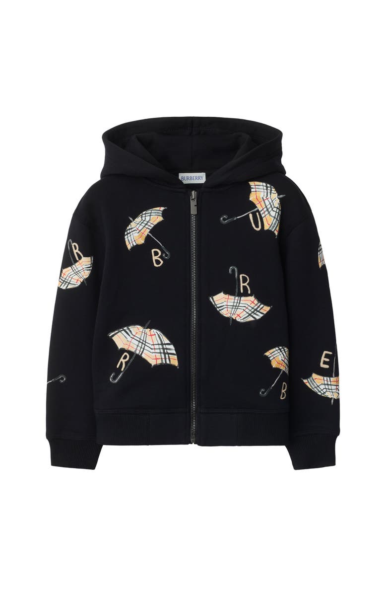 Burberry Umbrella Logo Cotton Zip Hoodie, Main, color, Black
