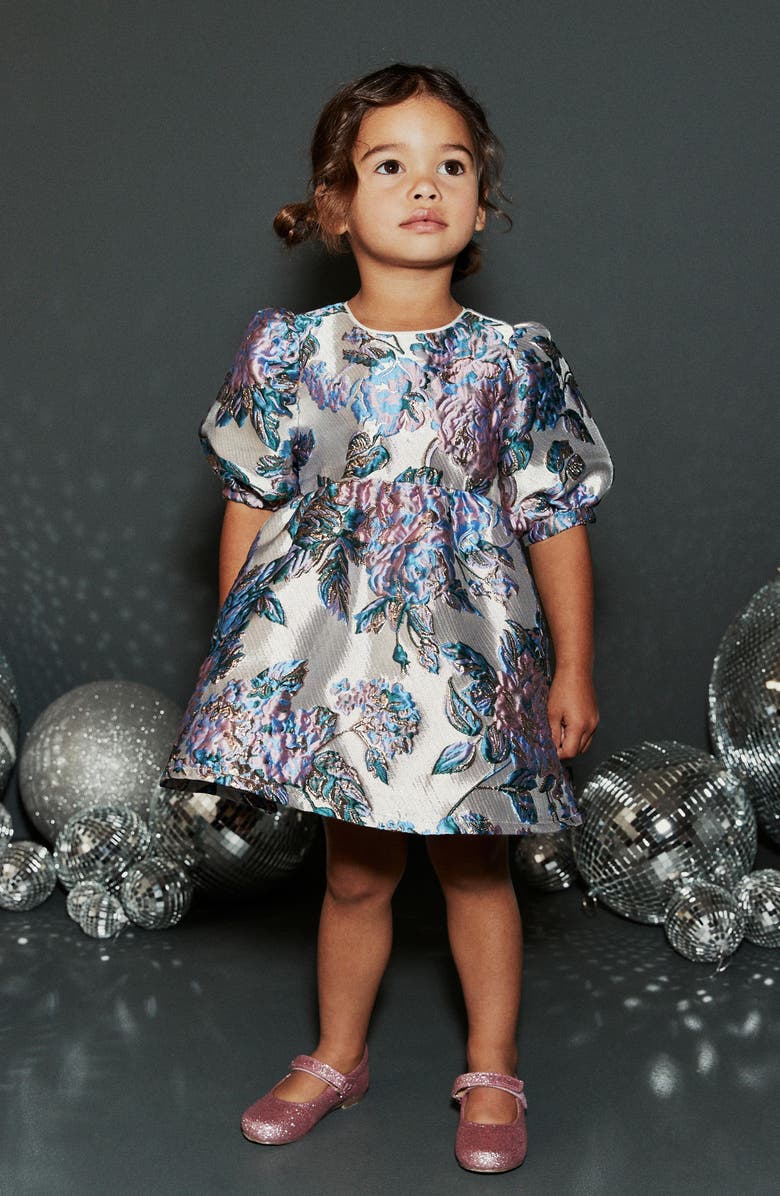 NEXT Kids' Floral Metallic Jacquard Puff Sleeve Dress, Alternate, color, 