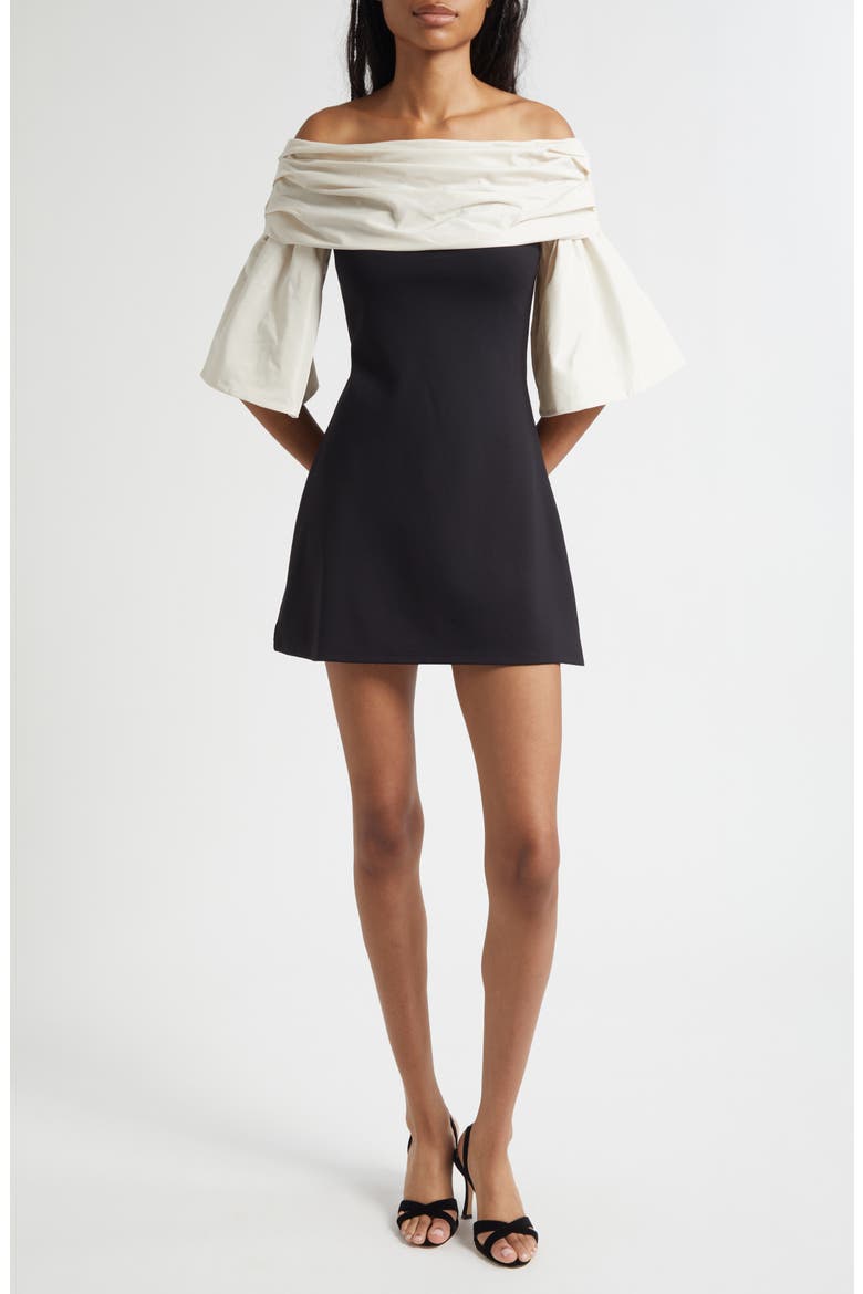Harper Mixed Media Off the Shoulder Minidress, Main, color, BLACK IVORY