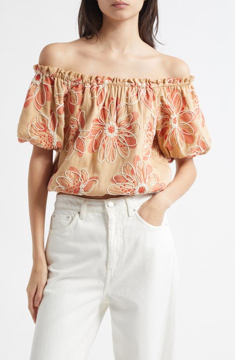 Haut Zara Blanc Off-the-shoulder Broderie Fleurie Réf 0881/023/250 – Taille XS – Neuf
