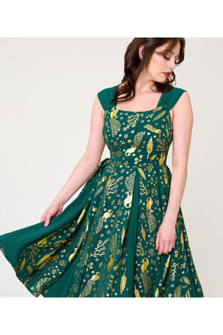 Square Neck Sleeveless Godet Swing Dress, Alternate, color, Green Foiled Peacock